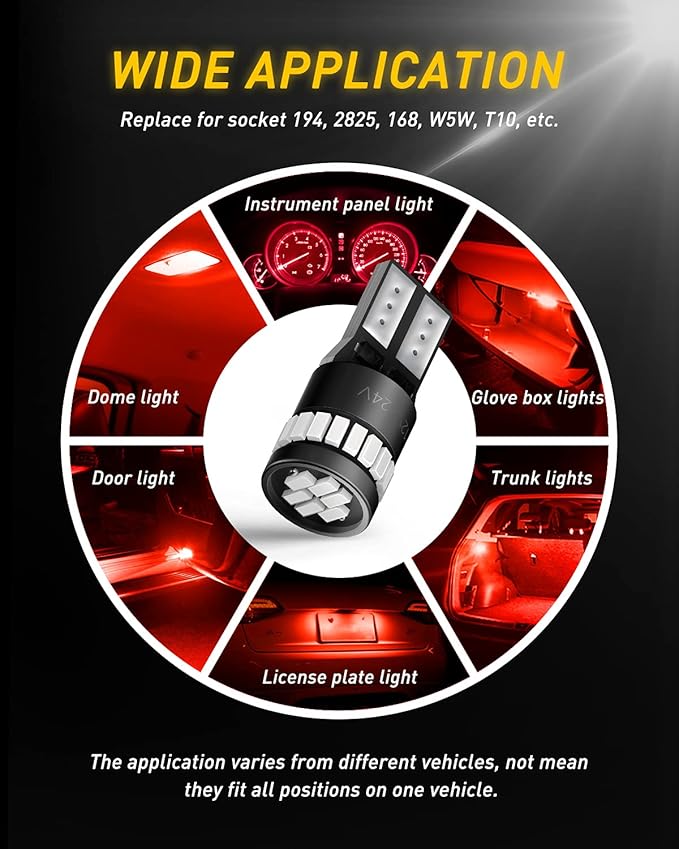 AUXITO Brilliant Red LED Light 168 175 194 2825 W5W T10 24-SMD 3014 Chipsets for Car Powersport Accessory Dome Map Door Courtesy License Plate Lights (Pack of 2)