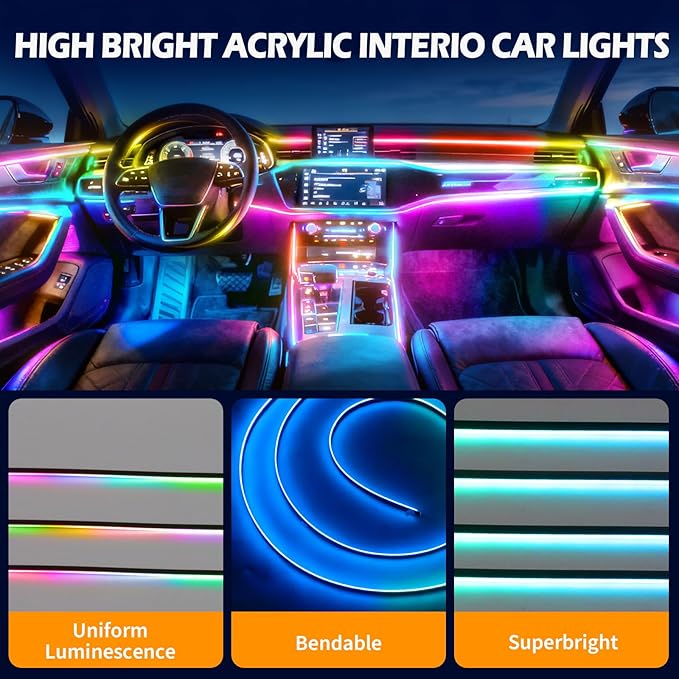 Dreamcolor Acrylic Interior Car LED Strip Lights with APP&Remote Control RGB 10 in 1 Ambient Lighting Kits Fiber Optic Strip LEDs Music Sync Car Neon Lights for Cars,SUVs,Trucks