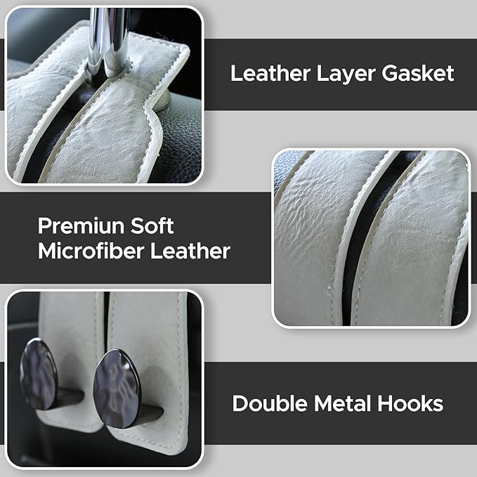 4 PCS Leather Car Seat Hooks for Headrest, Vehicle Hanger Storage Organizer Universal for Handbag Purse, Car Accessories Gift (Grey-Black-4 PCS)