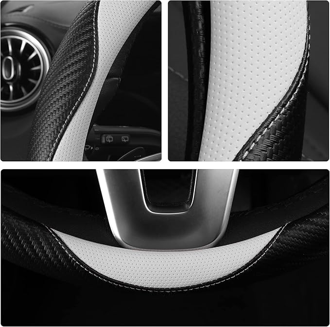 Car Steering Wheel Covers for Women Padded Carbon Fiber PU Leather Cute Auto Interior Accessories for Vehicle, Sedan, Universal, Anti Slip, White, Standard Size, 14.75-15.15in