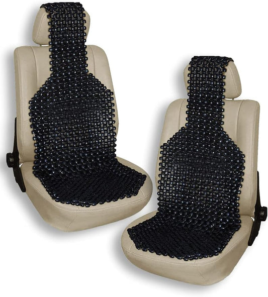 VaygWay Beaded Seat Cushion Car Driver Seat Cover with Durable & Double Strung Natural Wood Beads- Cooling Comfort Ventilated Massaging Support Cushion for Auto Cars- 2 Pack Black