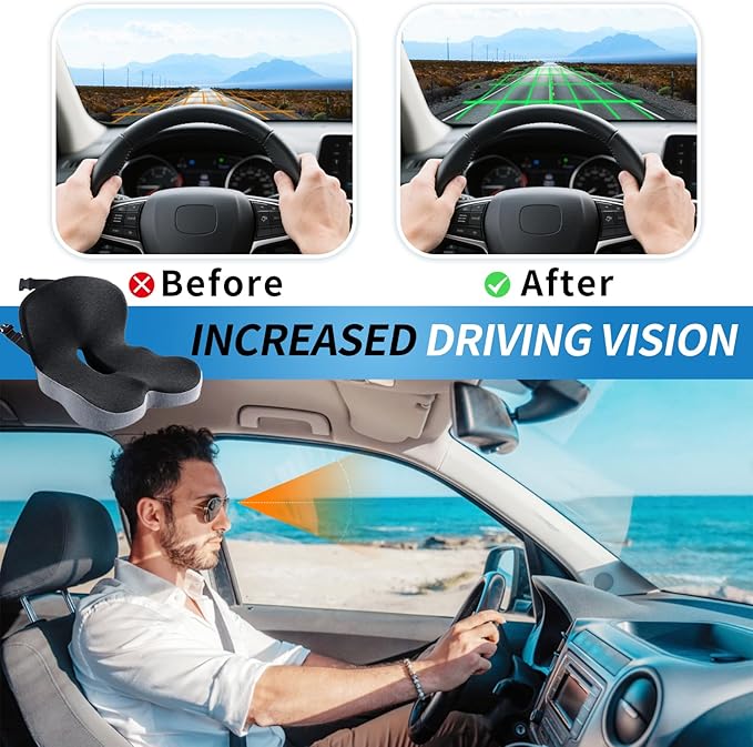 Premium Car Cushions for Driving – Versatile Seat Cushion for Truck Driver& Office Chair, Memory Foam Driver Seat Cushion with Back Support & Non-Slip Base，with Adjustable Strap