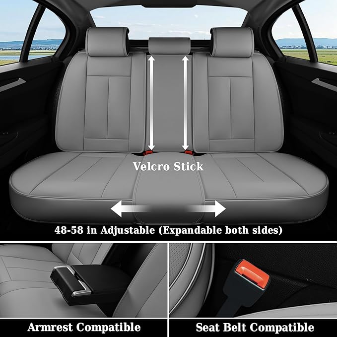 Coverado Back Seat Cover, Gray Seat Covers for Cars, Waterproof Back of Car Seat Protector for Kids, 3-Pieces Nappa Leather Car Seat Cushion, Universal Fit Most Cars Interior Backseat Covers