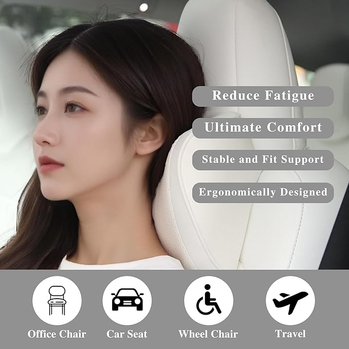Car Headrest Pillow 100% Memory Foam, Breathable Removable Leather Cover, Premium Seat Support Head Neck Cushion for Driving Travel Home Office, White, 1 Pack