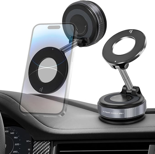 Vacuum Magnetic Suction Phone Holder, Foldable and Retractable Hands-Free Suction Cup Phone Mount for Car/Gym/Mirror/Smooth Surface, Compatible with iPhone & Android (Gel Suction Cup Black)