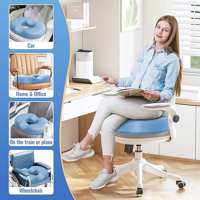 CloudBliss Donut Pillow Seat Cushion Chair Pad for Tailbone Pain Relief and Hemorrhoids, Memory Foam Seat Chair Cushion for Men and Women for Home & Office, (Light Blue-2XL)