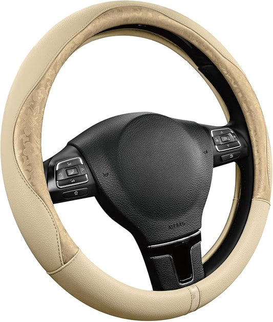 PIC AUTO Steering Wheel Cover, Gold Patterned Leather Patchwork Design, Universal Fit 14.5"–15.5", Anti-Slip, Odor-Free, Soft PU Grain Leather, Durable Grip Car Accessory for Girls & Women