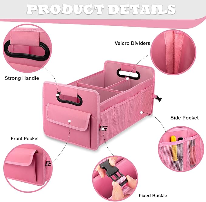 JiatuA Car Trunk Organizer, Car Organizers and Storage Collapsible Multi Compartment Container Box, Adjustable Car Accessories for SUV Sedan Truck, Standard Size, Pink