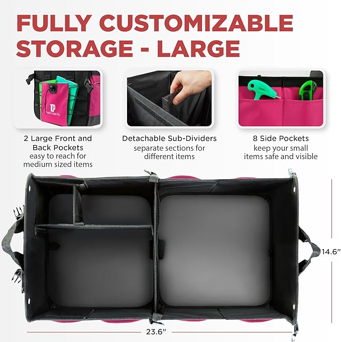 TRUNKCRATEPRO Pink Car Accessories For Women, Trunk Organizer For Car, Suv, Jeep Premium Adjustable Multi Compartments Collapsible (Large Capacity)