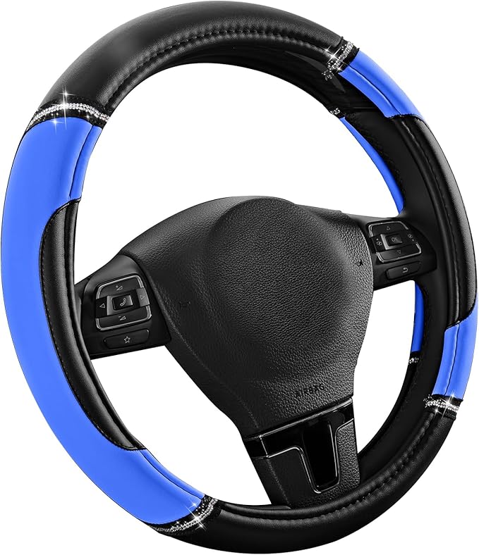 Road Comforts Leather Steering Wheel Cover - Made with PVC Leather - Anti-Slip, Universal Fit 14 1/2 inches to 15 inches - Blue