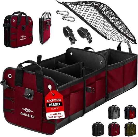 XL Trunk Organizer 3-Section for SUV, Truck, Sedan, Van – Modular L-Shape Car Storage Box, Collapsible Auto Cargo Organizer with Dividers – Cherry