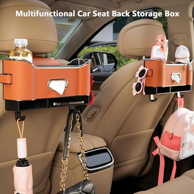 Back Seat Car Organizer,2026 New 4 in 1 Multifunctional Car Back Seat Storage Box with Drink Cup Holder Tissue Box, Car Seat Gap Filler Organizer for Hold Phone,Snacks, Drinks, Handbag (Orange)