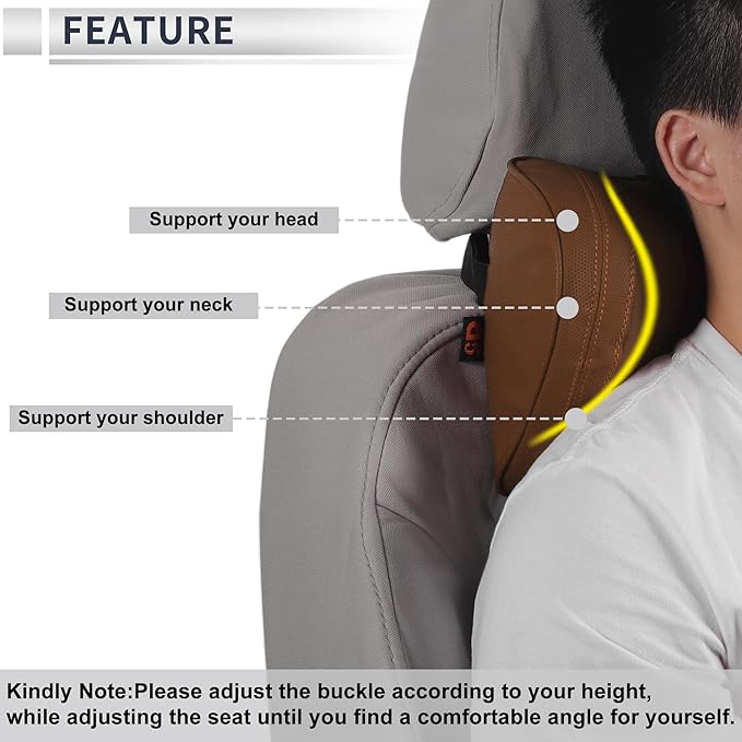 Car Headrest Pillow Ergonomic Comfortable Neck Support Pillow Nappa Leather and Memory Foam Adjustable Width Brown 1 Pcs for Driving