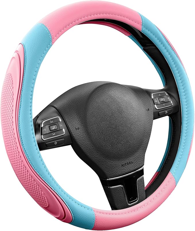 Road Comforts Car Steering Wheel Cover - Microfiber Leather Steering Wheel Wrap Sports 14.5-15 Inch Steering Wheel Cover Non-Slip for Men Women Pink & Blue Color