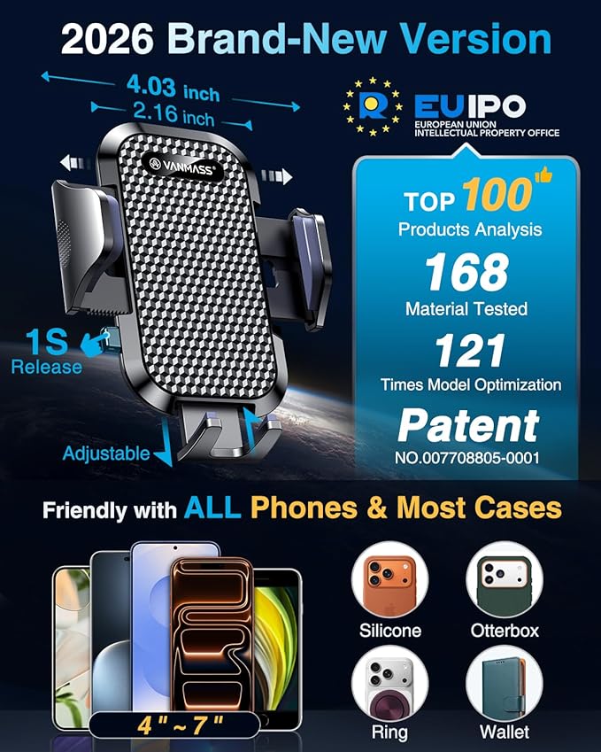 [2026 True Military-Grade] Car Phone Holder VANMASS [Upgraded Strongest Suction & Clip] Cell Phone Mount for Dashboard Windshield Vent Wall,Truck Cradle Stand for iPhone 17 Pro Max 16 15 14 13 Android