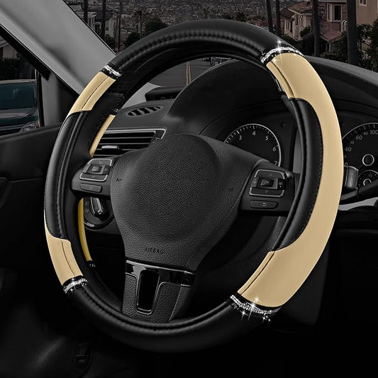 Road Comforts Leather Steering Wheel Cover - Made with PVC Leather - Anti-Slip, Universal Fit 14 1/2 inches to 15 inches - Beige