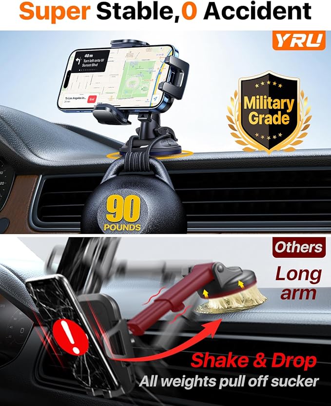 [Military-Grade Anti-Shake & 360° Rotatable Suction] 2026 Upgraded Car Phone Holder Mount【90+LBS Safest Strongest & Patent Certs】Dashboard Windshield Vent for iPhone 17 16 15 Pro Max Samsung, Black