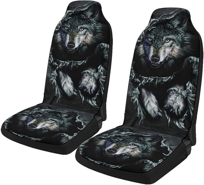 2 Pcs Premium Wolf Car Seat Cover, Breathable & Washable Car Seat Covers Full Sets, Fashionable Printed Seat Covers for Cars Interior, Universal Fit for Most Cars, Sedan, Truck, SUV