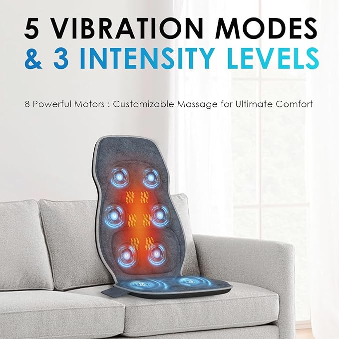 Back Massager with Soft Plush Fabric Cover, Massage Seat Cushion with 8 Vibration Motors & 2 Heating Levels, Chair Massager for Recliner, Office Chair, Sofa, Home Use, Gifts for Dad Mom