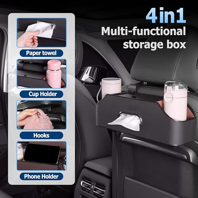 Multifunctional Car Back Seat Storage Organize, 2026 Upgrade 3-in-1 Car Backseat Organizer with Cup Holder, Tissue Box, Trash Bin & Hooks, for Hold Phones, Snacks, Drinks, and Handbags (Red-brown)