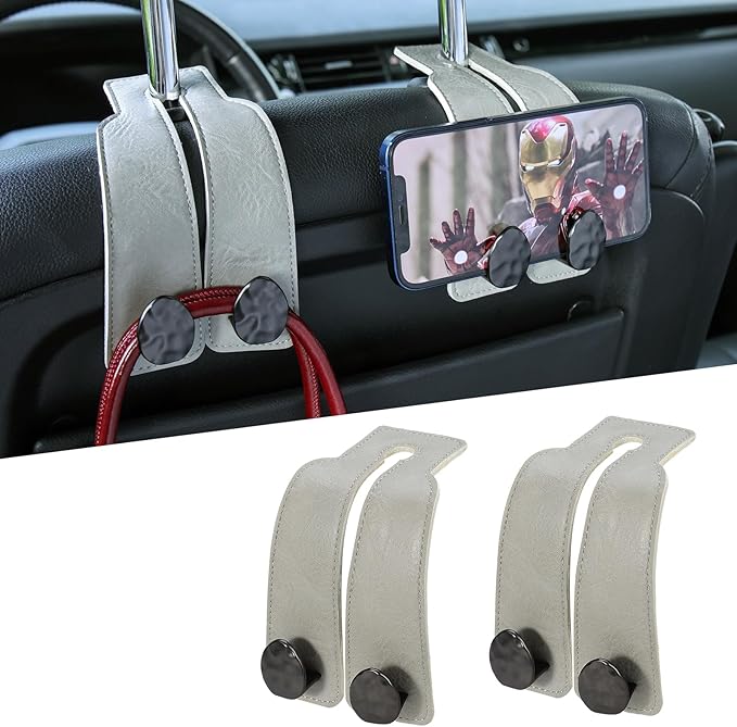 2PCS Leather Car Seat Hooks for Headrest, Vehicle Hanger Storage Organizer Universal for Handbag Purse, Car Accessories Gift (Grey-Black)