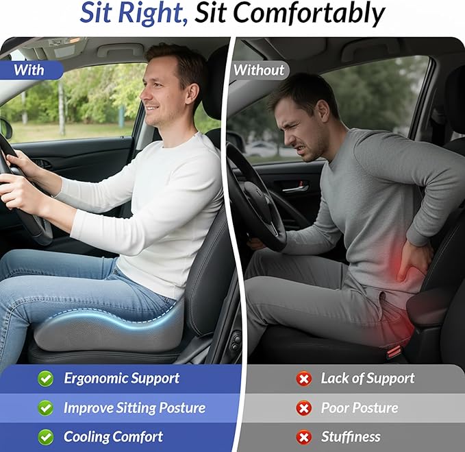 ZIKEE Gel Seat Cushion for Office Chair and Car Seat with Ergonomic Zoning, Memory Foam Chair Cushion for Sciatica, Lower Back, Tailbone Pain Relief and Intimate Ventilation, Non-Slip & Airy Cover