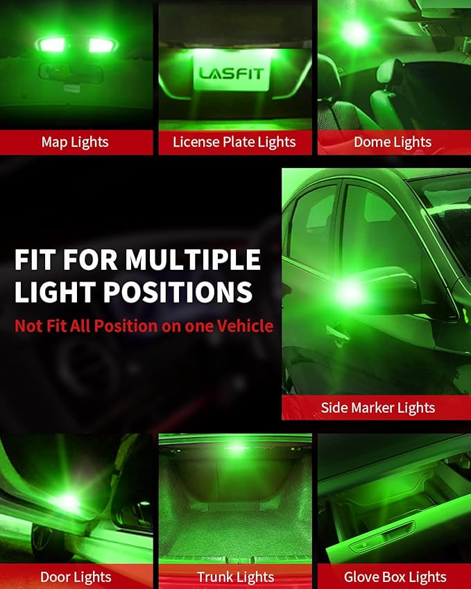 LASFIT 194 168 T10 2825 W5W LED Bulb Canbus Error Free,3030 Chipsets Error Free for Car Interior Dome Map Door Courtesy Lights, Non-Polarity 400LM 6000K Extremely Bright Green Color