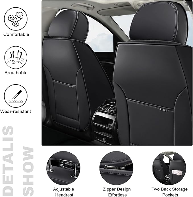 5 Car Seat Covers for Chrysler Pacifica 2004-2026 Breathable Leather,Waterproof Car Seat Protectors with Comfort Headrest Pillows,Automotive Vehicle Cushion with Storage Pockets (Luxury,Gray)