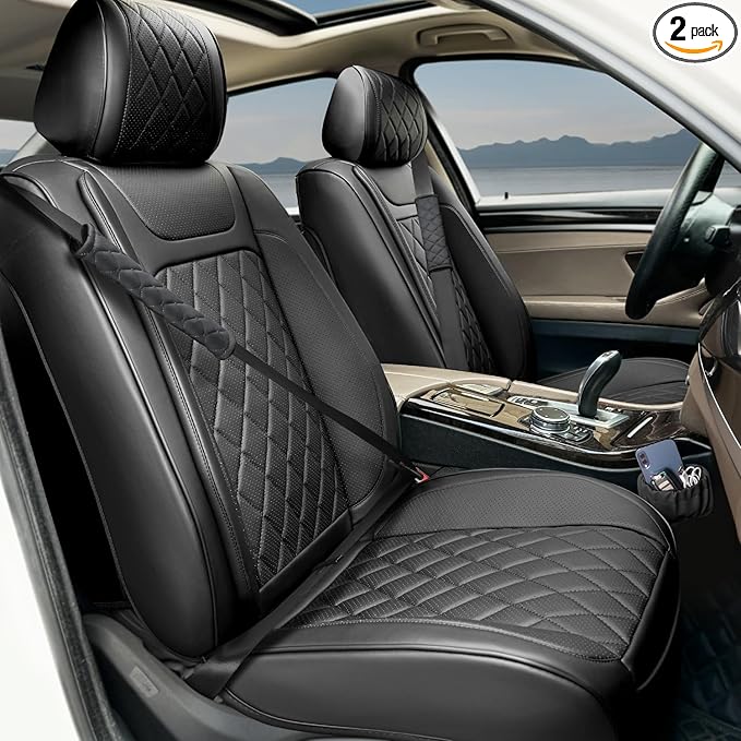 2 Pack Leather Front Car Seat Covers,Universal Breathable Full Surround Leather Car Seat Cover Protector,Split Waterproof Luxury Auto Black Seat Cover Cushion for Sedan Cars Pick-up Trucks SUV