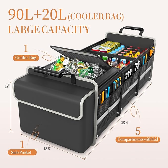 Large Trunk Organizer for SUV with Premium Portable Cooler Bag, Car Organizers and Storage with Foldable Cover, Collapsible Car Trunk Bed Organizer for Truck, 2 Retractable Straps, 90L+20L, Black-C