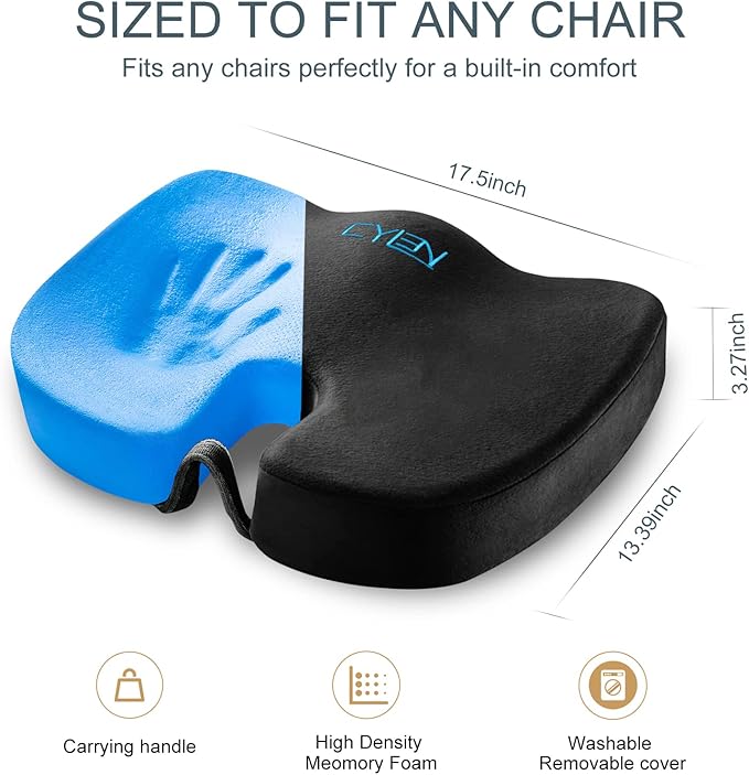 CYLEN Home Office Seat Cushion - Comfort Memory Foam Chair Cushion with Cooling Gel Infused for Tailbone, Coccyx, Back & Sciatica Pain Relief (Black-Blue)