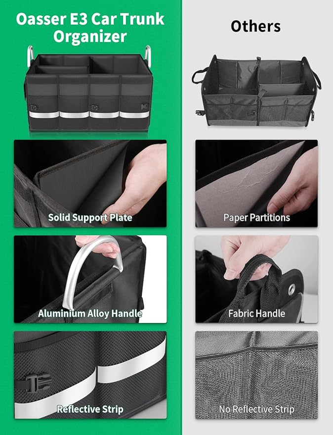 Oasser Trunk Organizer Cargo Organizer Trunk Storage Waterproof Collapsible Durable Multi Compartments with Foldable Cover Aluminium Alloy Handle Reflective Strip (Large, Black)