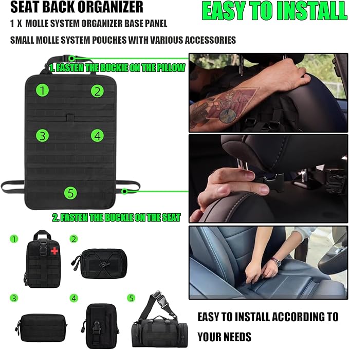 7 PACK Tactical Seat back organizer Truck organizer With 6 Detachable Pouches Universal For Car Truck Ford Jeep Military-Grade Heavier Panels With Multi-functional Packs (Black)