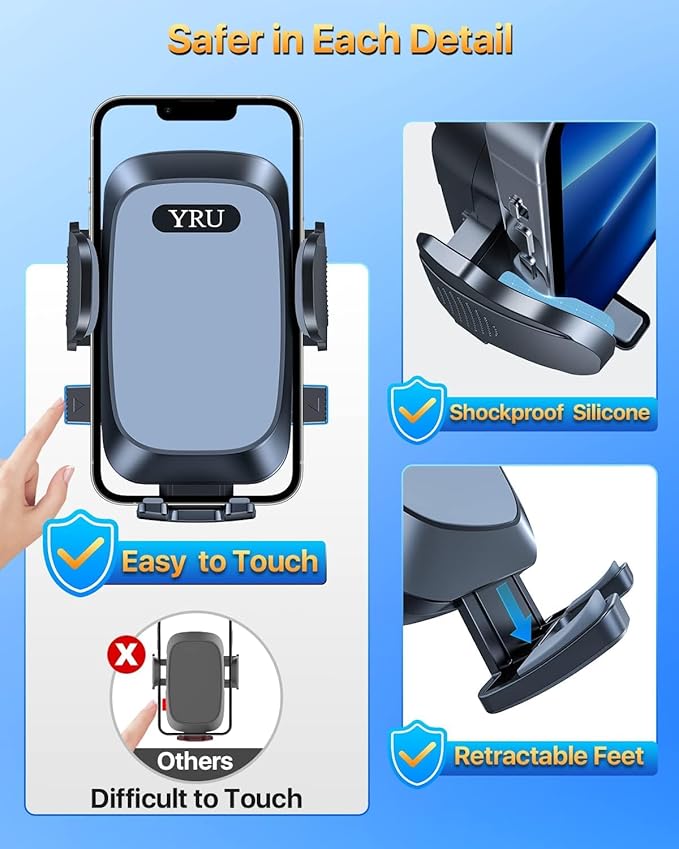 YRU [True Upgrade for Safety] Car Phone Holder Mount [Patent & Military-Grade] Dashboard Cell Phone Holder for Car Vent Windshield Phone Stand for iPhone 17 16 15 14 13 Pro Max Truck Samsung (Grey)