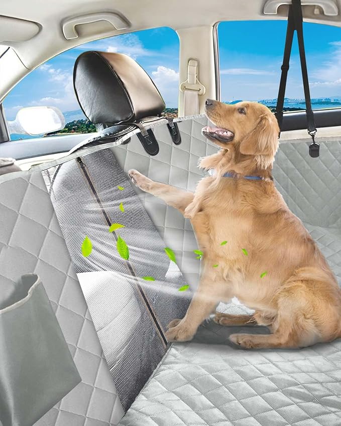 Dog Car Seat Cover, 600D Heavy Durable Dog Seat Cover for Back Seat, 100% Waterproof Scratch Proof Nonslip Dog Hammock for Car with Side Flap, Pet Back Seat Covers for Cars with SeatBelt Gray