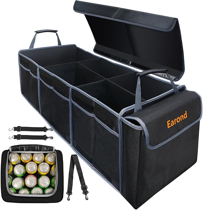 Collapsible Trunk Organizer with Insulated Leakproof Cooler Bag,Removable Lid,Adjustable Securing Straps,3 Compartments Trunk Organizer for SUV,Truck,Sedan(Grey & Black)