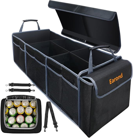 Collapsible Trunk Organizer with Insulated Leakproof Cooler Bag,Removable Lid,Adjustable Securing Straps,3 Compartments Trunk Organizer for SUV,Truck,Sedan(Grey & Black)