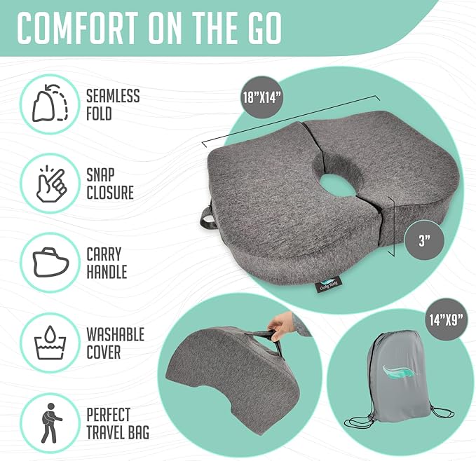 Tailbone Pain Relief Cushion - Premium Foldable Travel Tailbone Seat Cushion - for Relief of Lower Back, Sciatic, Butt and Tailbone Pain - Perfect for Home, Office & Driving