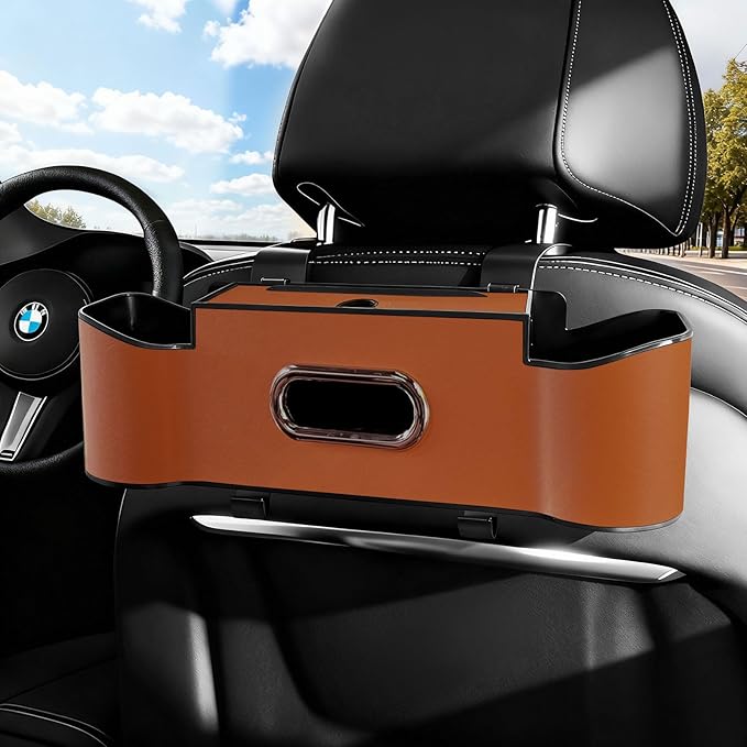 Backseat Car Organizers,4 in 1 Multifunctional Car Back Seat Storage Box with Drink Cup Holder Tissue Box, for Hold Phone,Snacks, Drinks, Handbag (LightBrown)