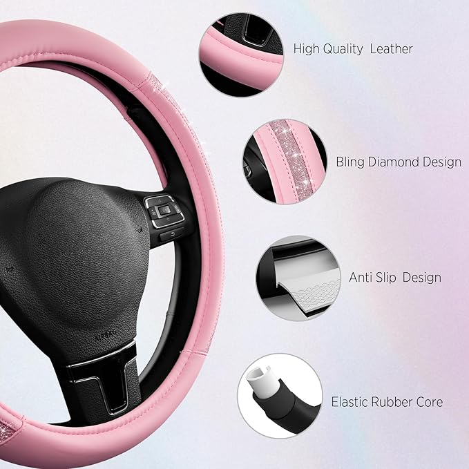 Road Comforts Steering Wheel Cover, Glitter Bling Leather Wheel Cover, Universal Fit 14.5"-15.5" Steering Wheels for Women & Girls, Anti-Slip Car Wheel Protector for Cars, Trucks, Vans, SUVs-Pink