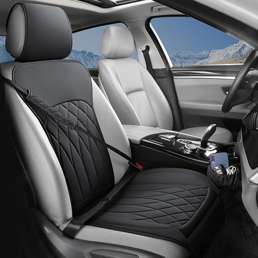 1 Pack Leather Front Car Seat Cover, Universal Sideless Car Seat Protector with Storage Pocket and Seat Belt Pad, Waterproof Automotive Seat Cover Cars Trucks SUV(Black)