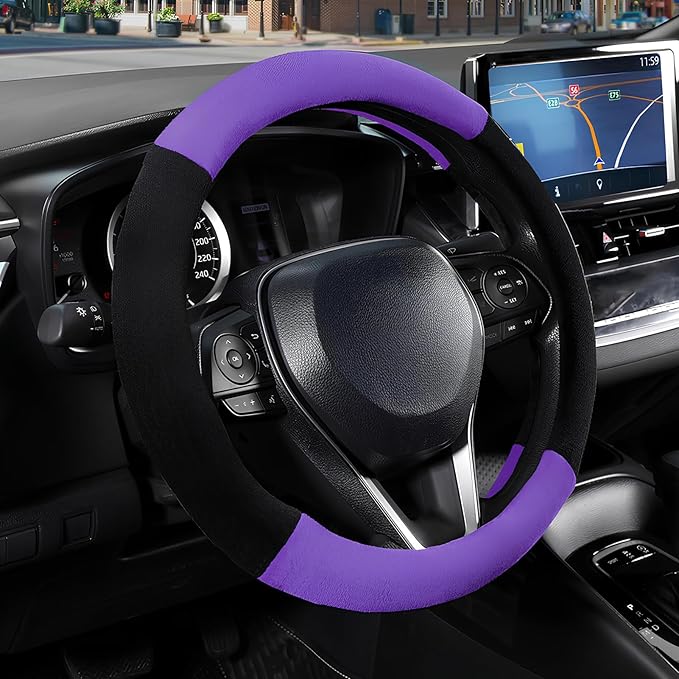 SEG Direct Steering Wheel Cover for Car, Standard Size 14.5-15 inch, Auto Interior Accessories, Warm Plush, Summer Winter, Black and Purple