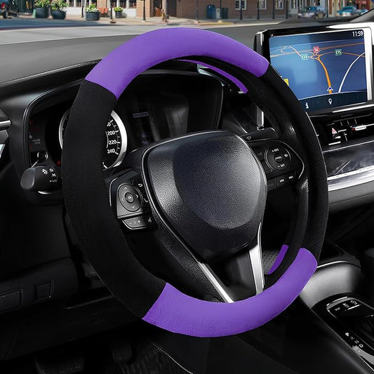 SEG Direct Steering Wheel Cover for Car, Standard Size 14.5-15 inch, Auto Interior Accessories, Warm Plush, Summer Winter, Black and Purple