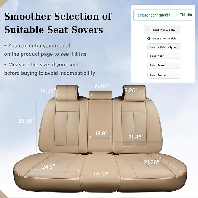 Coverado Car Seat Covers Beige, Backseat Cover for Dogs, Car Seat Protector for Back Seat, Car Seat Cushion Nappa Leather, 3-Pieces Waterproof Seat Covers Carseat Cover Universal Fit for Most Cars