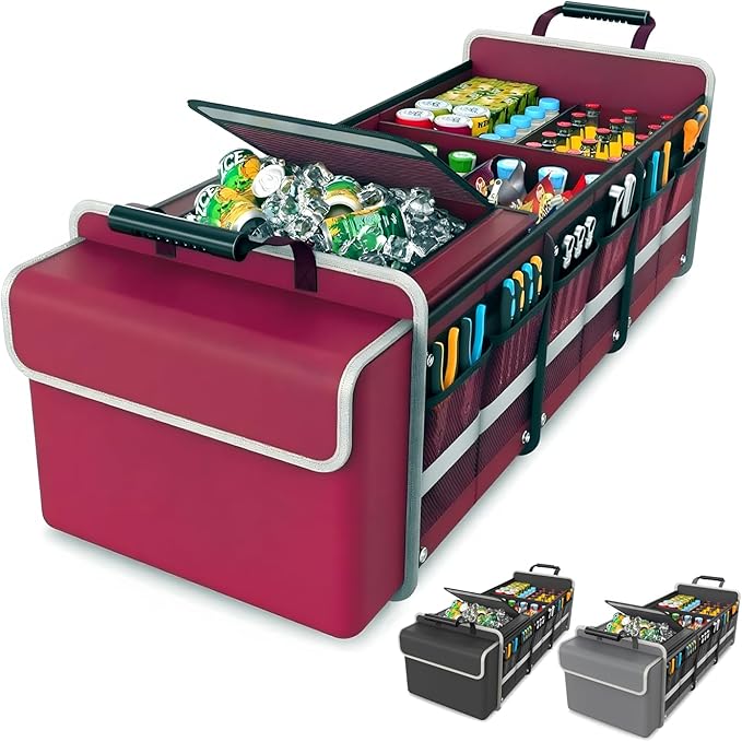 Large Trunk Organizer for SUV with Premium Portable Cooler Bag, Car Organizers and Storage with Foldable Cover, Collapsible Car Trunk Bed Organizer for Truck, 2 Retractable Straps, 90L+20L, Wine Red-C