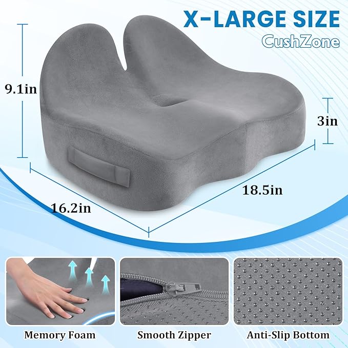 Seat Cushion, Memory Foam Office Chair Seat Cushion for Office Chairs/Car/Long Trip/Desk Chair/Gaming, X-Large Size for Sciatica & Hip & Tailbone Pain Relief, Sciatica Support (Light Gray)