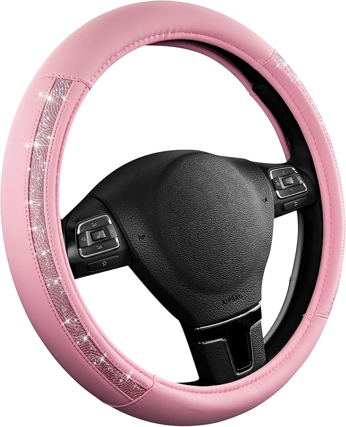 Road Comforts Steering Wheel Cover, Glitter Bling Leather Wheel Cover, Universal Fit 14.5"-15.5" Steering Wheels for Women & Girls, Anti-Slip Car Wheel Protector for Cars, Trucks, Vans, SUVs-Pink