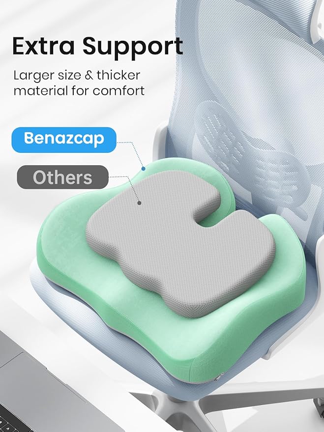 Benazcap Seat Cushion - Memory Foam Car Seat Pad - Sciatica & Lower Back Pain Relief - Car Seat Cushions for Driving - Road Trip Essentials for Drivers, Green