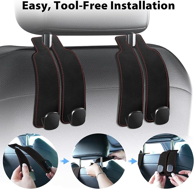Headrest Hooks for Car, Purse Hook for Car, Premium Leather Twin Hook Car Seat Hooks, Double Hook Seat Back Storage Organizer for Purses, Bags, SUV, Truck, Vehicle, 2 Pack, Black