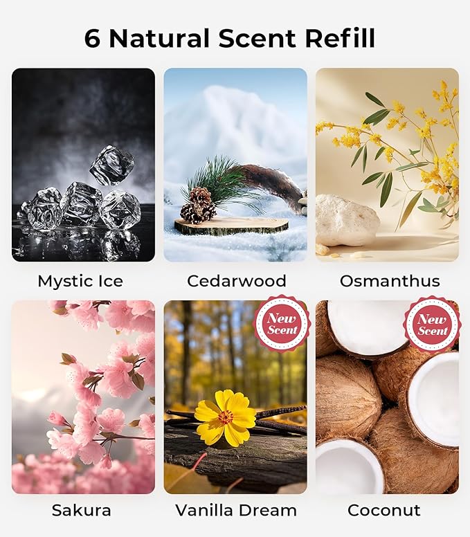 Smart Car Air Fresheners, Ambient Light & Mist Fragrance, Auto On/Off Car Air Freshener Diffuser, Adjustable Intensity, Lasts 6 Months, Built-in Battery, Premium Scents Refill X2 - Mystic Ice